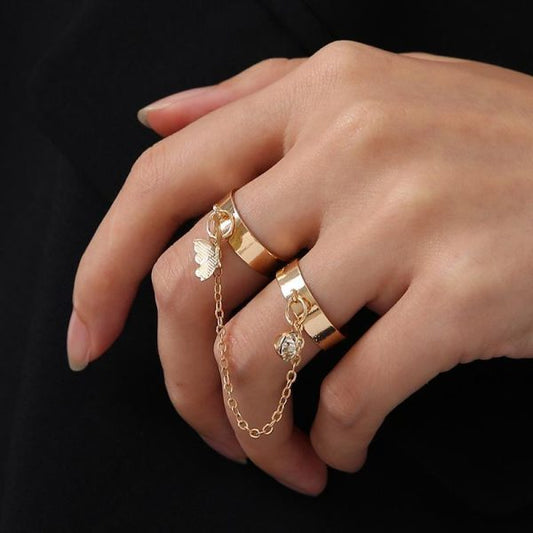 Adjustable 2 Finger Gold Butterfly Rings – Trendy Gold Plated Stainless Steel Pair