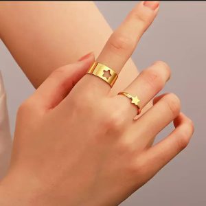 2pc Golden Trendy Star Couple Ring Set – Alloy Rings for Couples