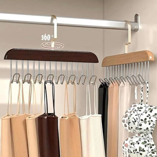 8 Hooks Wooden Clothes Hanger with Tie Rack & 360° Rotating Belt Organizer