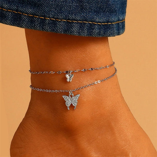 Gold-Plated & Silver Stainless Steel Anklet Set with Butterfly Charm