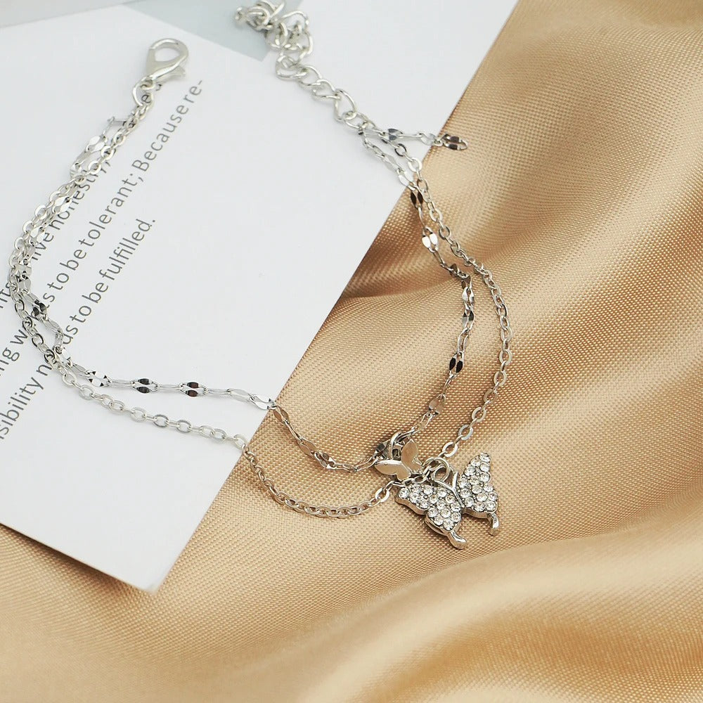 Gold-Plated & Silver Stainless Steel Anklet Set with Butterfly Charm