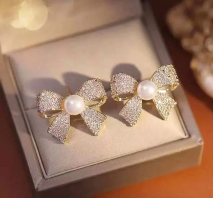 Korean Zircon Pearl Bow Earrings - Elegant Golden & Silver Studs for Girls
