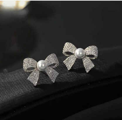 Korean Zircon Pearl Bow Earrings - Elegant Golden & Silver Studs for Girls