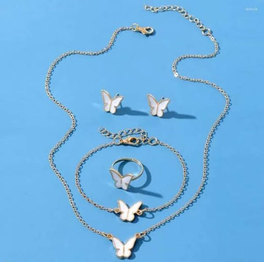 Butterfly Jewelry Set Pack of 4 - White Ring, Bracelet, Pendant & Earrings for Women