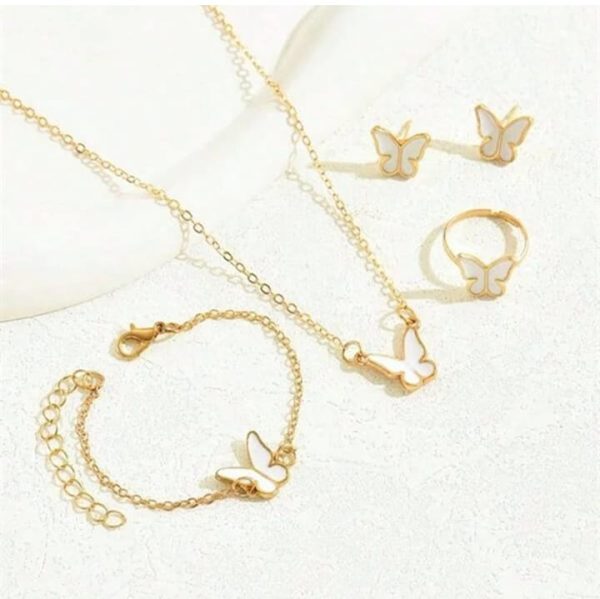 Butterfly Jewelry Set Pack of 4 - White Ring, Bracelet, Pendant & Earrings for Women