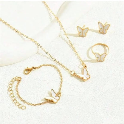 Butterfly Jewelry Set Pack of 4 - White Ring, Bracelet, Pendant & Earrings for Women