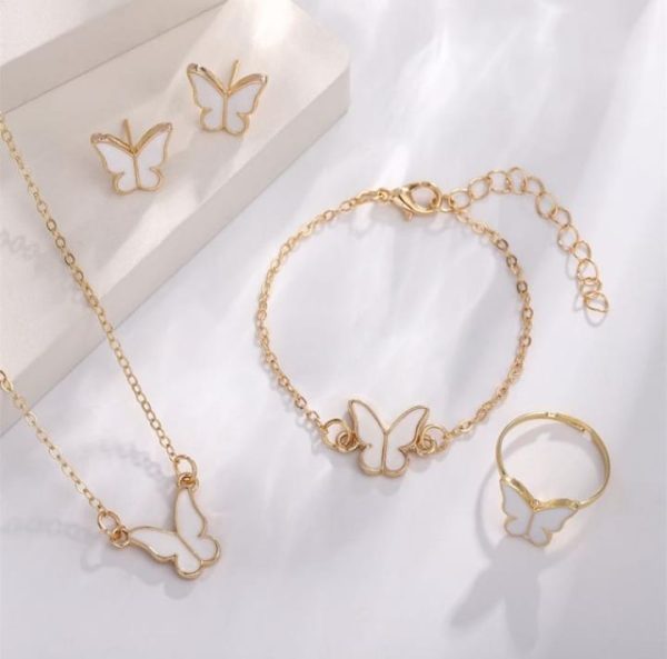Butterfly Jewelry Set Pack of 4 - White Ring, Bracelet, Pendant & Earrings for Women