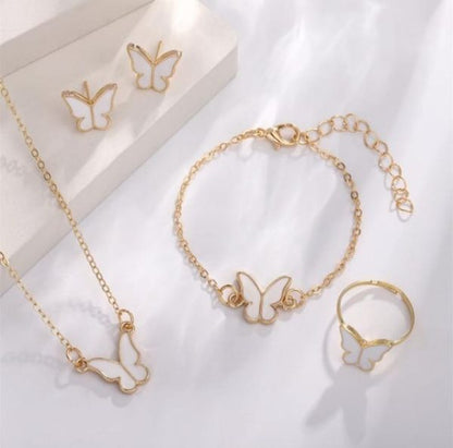 Butterfly Jewelry Set Pack of 4 - White Ring, Bracelet, Pendant & Earrings for Women