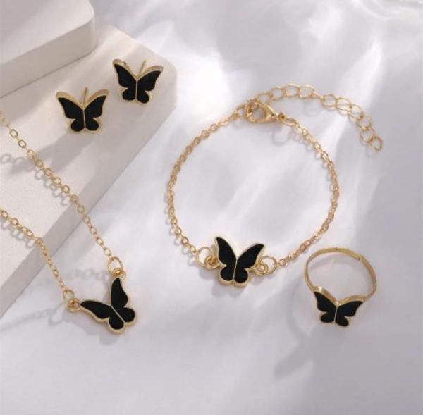 Butterfly Jewelry Set Pack of 4 - White Ring, Bracelet, Pendant & Earrings for Women