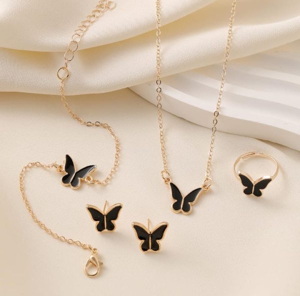 Butterfly Jewelry Set Pack of 4 - White Ring, Bracelet, Pendant & Earrings for Women