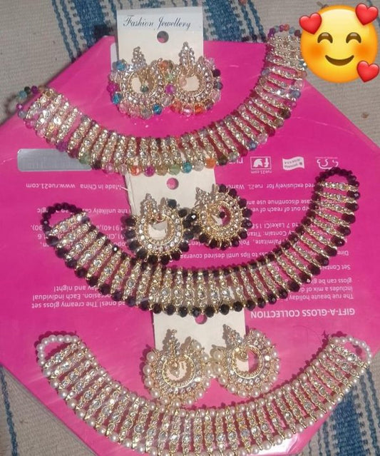 Colorful Choker Necklace & Crystal Round Earrings Jewelry Set for Women & Girls - Gold Plated