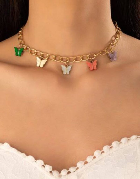 Multi-Color Butterfly Charm Necklace – Elegant Alloy Chain for Women