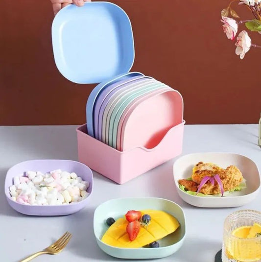 10-Piece Colorful Square Plastic Dinner Plate Set with Storage Stand