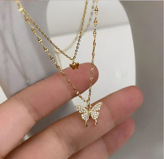 Double-Layer Butterfly Pendant Necklace for Women - Golden with Diamonties