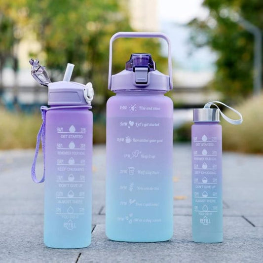 3-Piece Sports Water Bottle Set – Leak-Proof & Motivational Time Marker